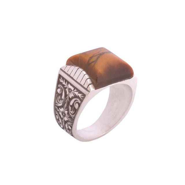 925 Sterling Silver Men's Ring - Square Tiger's Eye & Hand-Engraved
