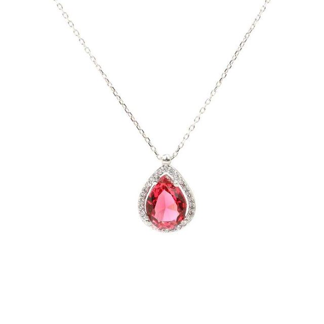 925 Sterling Silver Teardrop Ruby Zircon Halo Necklace