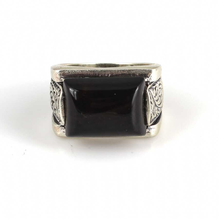 Sterling Silver Black Onyx Men's Ring - Bold Rectangular Design