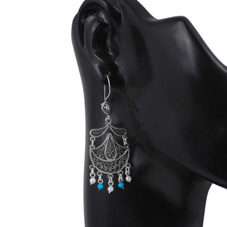 Sterling Silver Filigree Moon & Teardrop Turquoise & Pearl Dangle Earrings