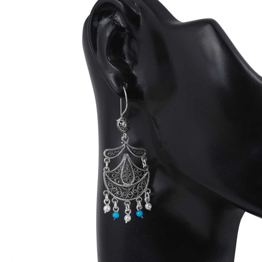 Sterling Silver Filigree Moon & Teardrop Turquoise & Pearl Dangle Earrings