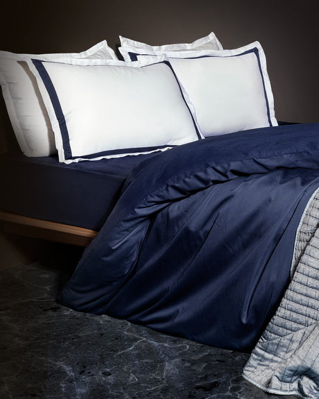 Luxury Sateen Bedding Set, White and Navy Blue Border Design