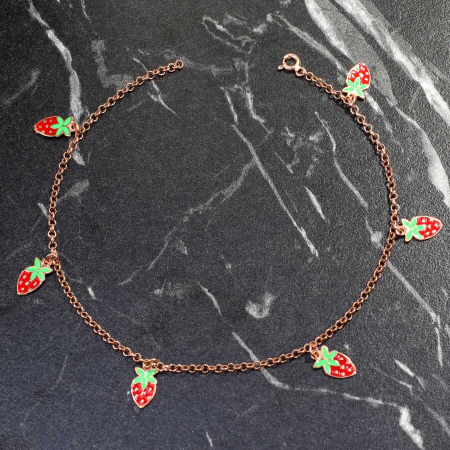 925 Sterling Silver Enamel Strawberry Charm Anklet - Summer Style