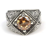 925 Sterling Silver Men's Citrine Cross Square Hand-Engraved Ring