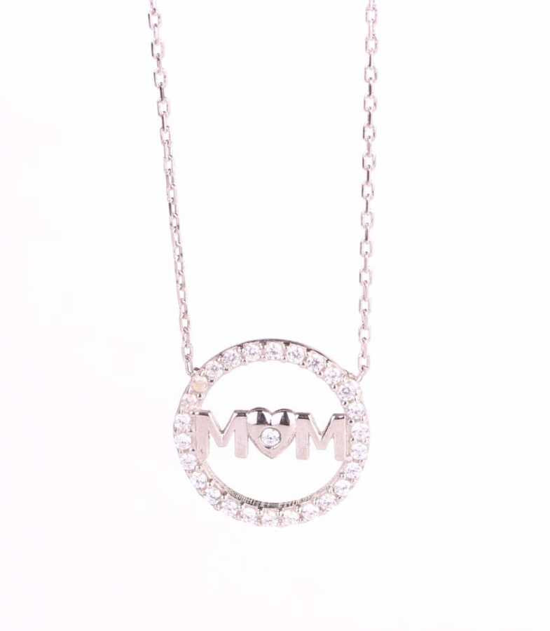 Sparkling Sterling Silver White Zircon 'Mom' Pendant Necklace