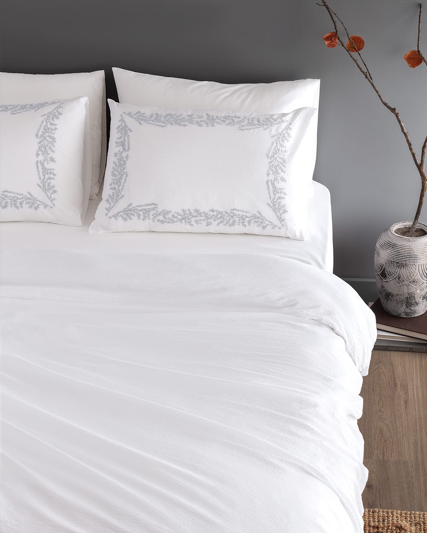 Twin Size 100% Cotton Embroidered Washed Waffle Duvet Cover Set - White Gray