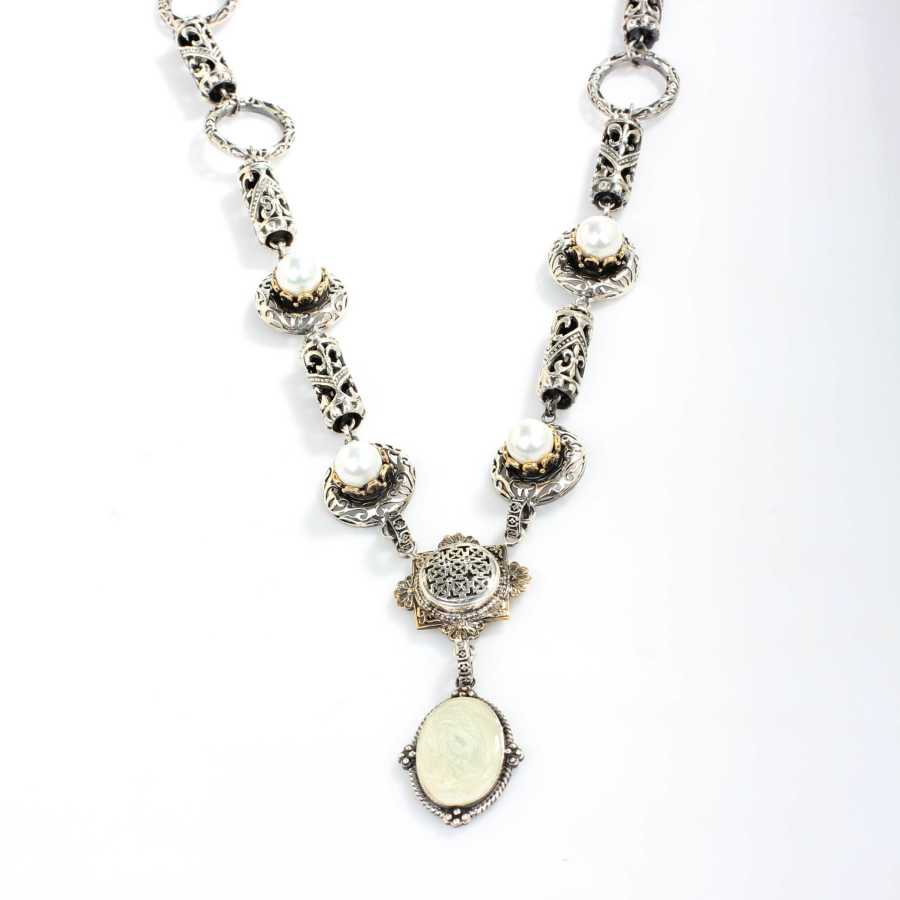 Sterling Silver Enamel Pearl Byzantine Necklace - Constantin Design