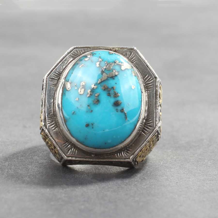 Handcrafted 925 Sterling Silver Men's Ring with Real Turquoise & Engraving