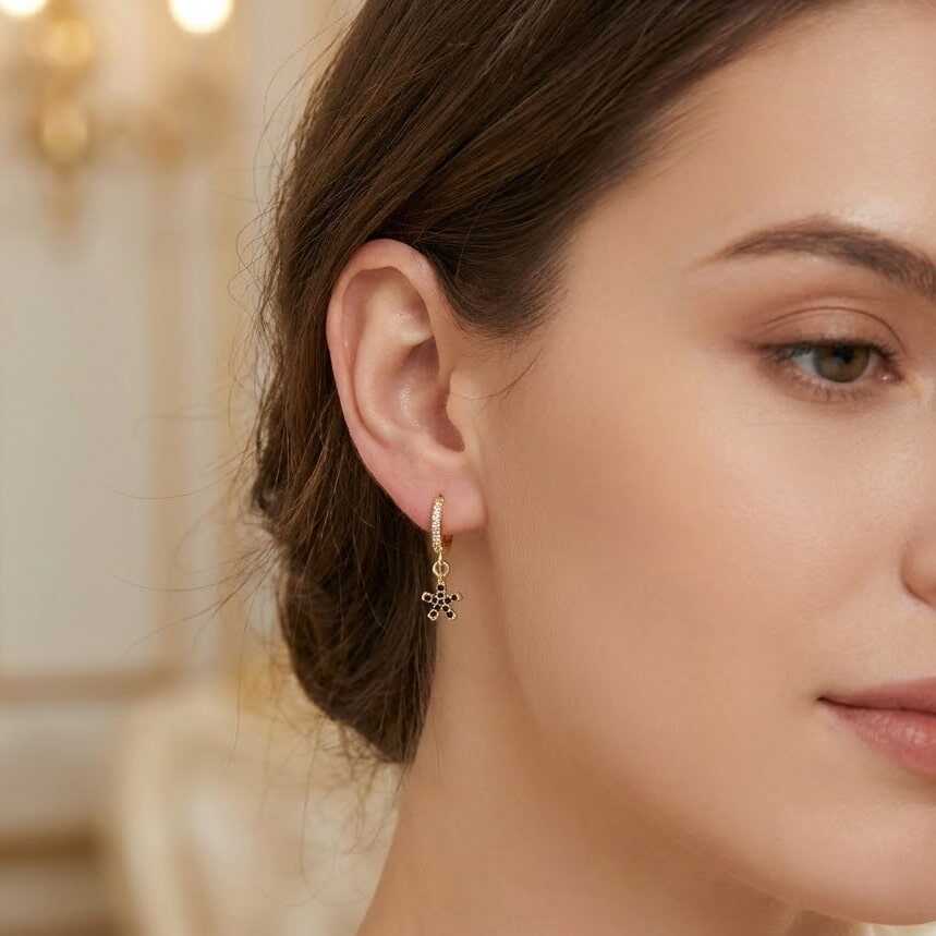 Sterling Silver Hoop Earrings - Snowflake Zircon Design
