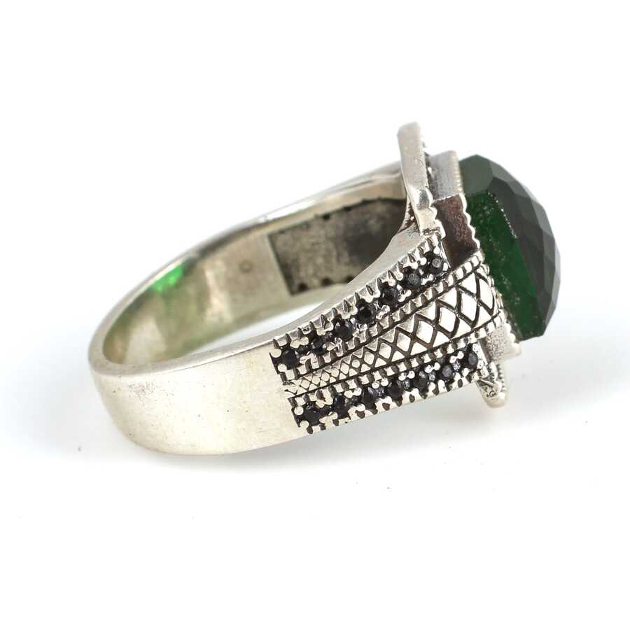 Sterling Silver Synthetic Emerald Men's Ring - Four-Cornered Faceted Stone