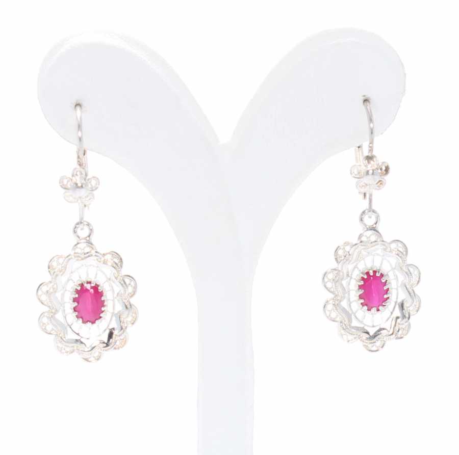 925 Sterling Silver Floral Filigree Earrings with Ruby Red Zircon