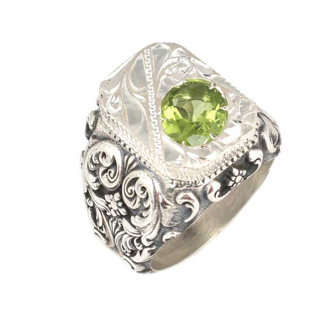 Hand-Engraved 925 Sterling Silver Peridot Men's Statement Ring