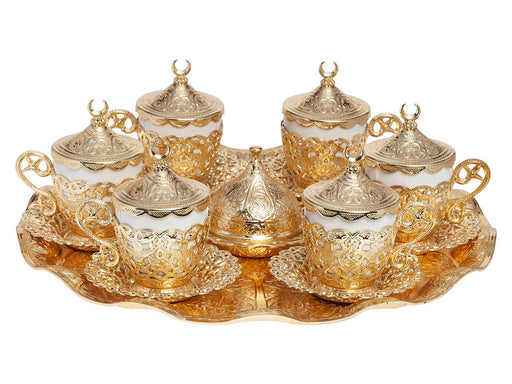 Acar | Gold Coffee Set of Six With Metal Tray And Candy Bown - Poppy Design