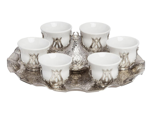 Acar | Mirra Arabic Coffee Set of Six With Metal Tray And Candy Bowl - White