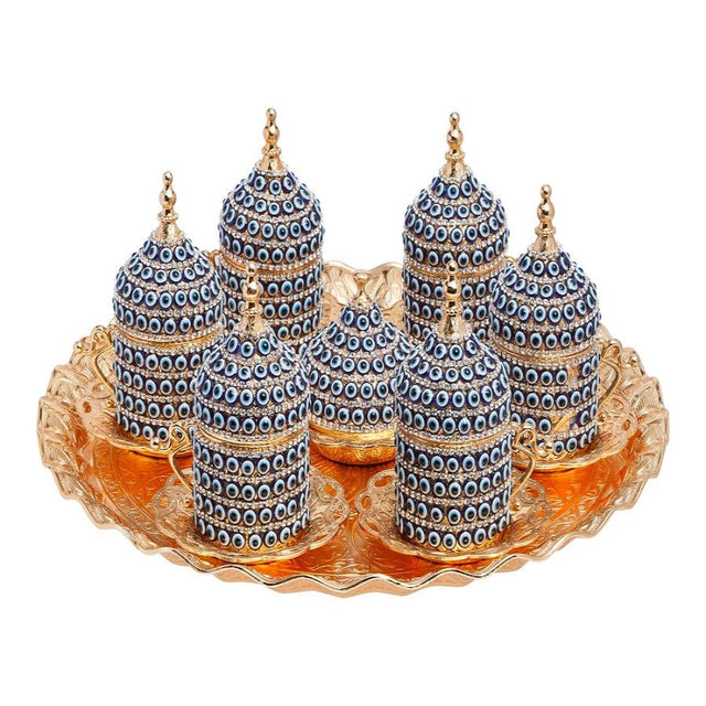 Acar | Nazar Beaded Turkish Tea Set of Six With Metal Tray And Candy Bowl - Gold