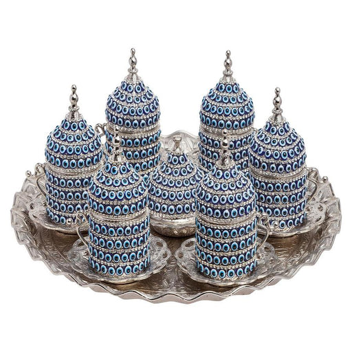 Acar | Nazar Beaded Turkish Tea Set of Six With Metal Tray And Candy Bowl - White