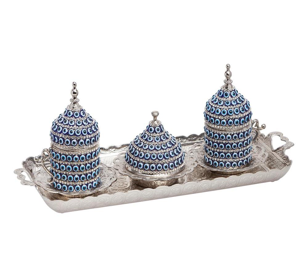 Acar | Nazar Beaded Turkish Tea Set of Two With Metal Tray - Gold