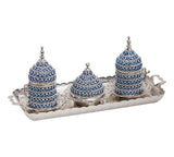 Acar | Nazar Beaded Turkish Tea Set of Two With Metal Tray - Gold