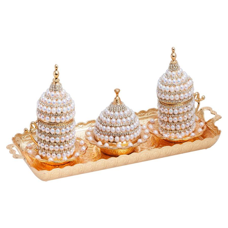 Acar | Nazar Beaded Turkish Tea Set of Two With Metal Tray - White