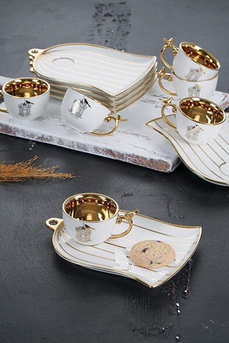 Acar Porcelain Story Premium White Gold Bird Cage Coffee Set - 6 Piece - TryAladdin