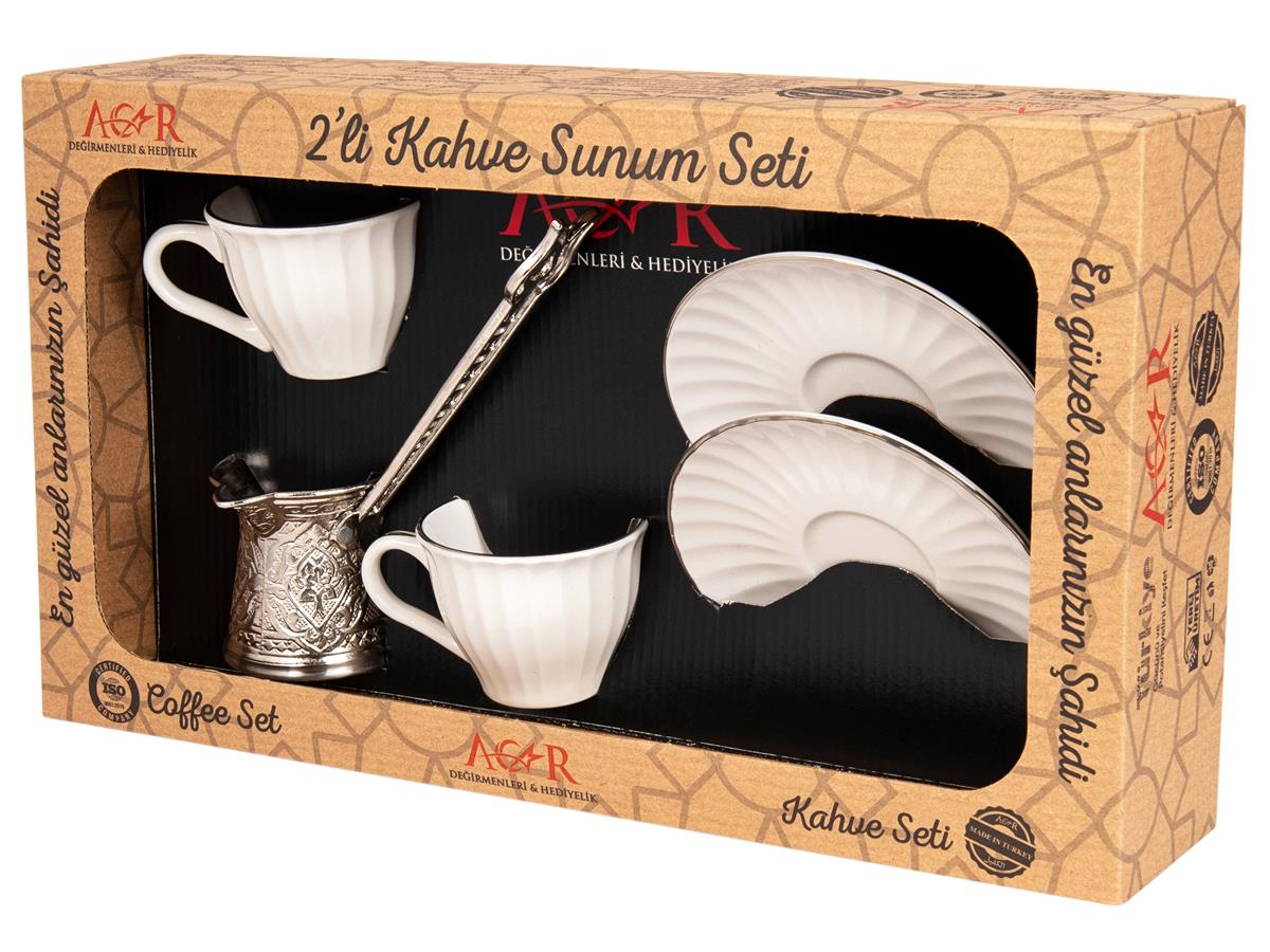 Acar | Porcelain Turkish Coffee Set of Two + Coffee Pot - Charisma - White