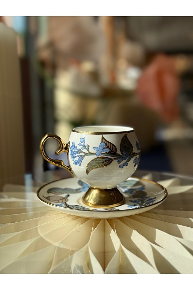 Acar Premium Blue Floral Gilded Porcelain Turkish Coffee Set - 6 - Piece - TryAladdin