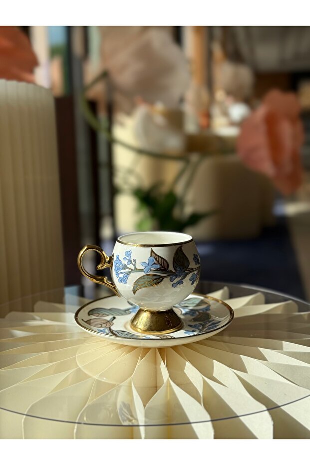 Acar Premium Blue Floral Gilded Porcelain Turkish Coffee Set - 6 - Piece - TryAladdin