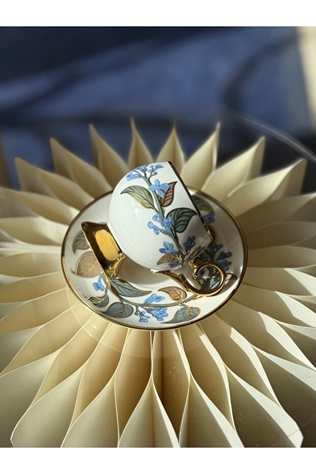 Acar Premium Blue Floral Gilded Porcelain Turkish Coffee Set - 6 - Piece - TryAladdin