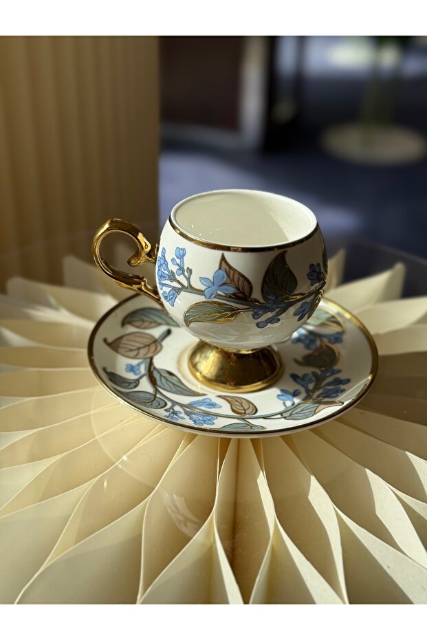 Acar Premium Blue Floral Gilded Porcelain Turkish Coffee Set - 6 - Piece - TryAladdin