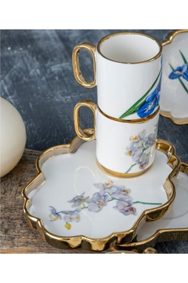 Acar Premium Gold Gilt Floral Porcelain Turkish Coffee Service Set - 6 - Piece - TryAladdin