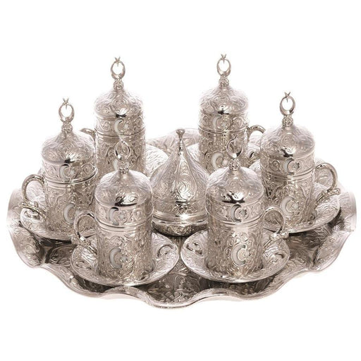 Acar | Turkish Coffee Set of Six With Metal Tray And Candy Bowl - Moon And Star Design - White