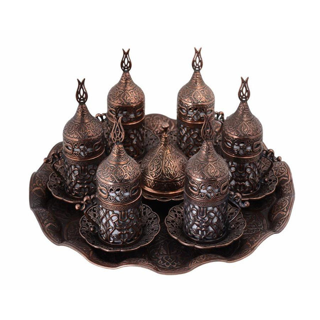 Acar | Turkish Coffee Set of Six With Metal Tray And Candy Bowl - Operwork - Antique Copper