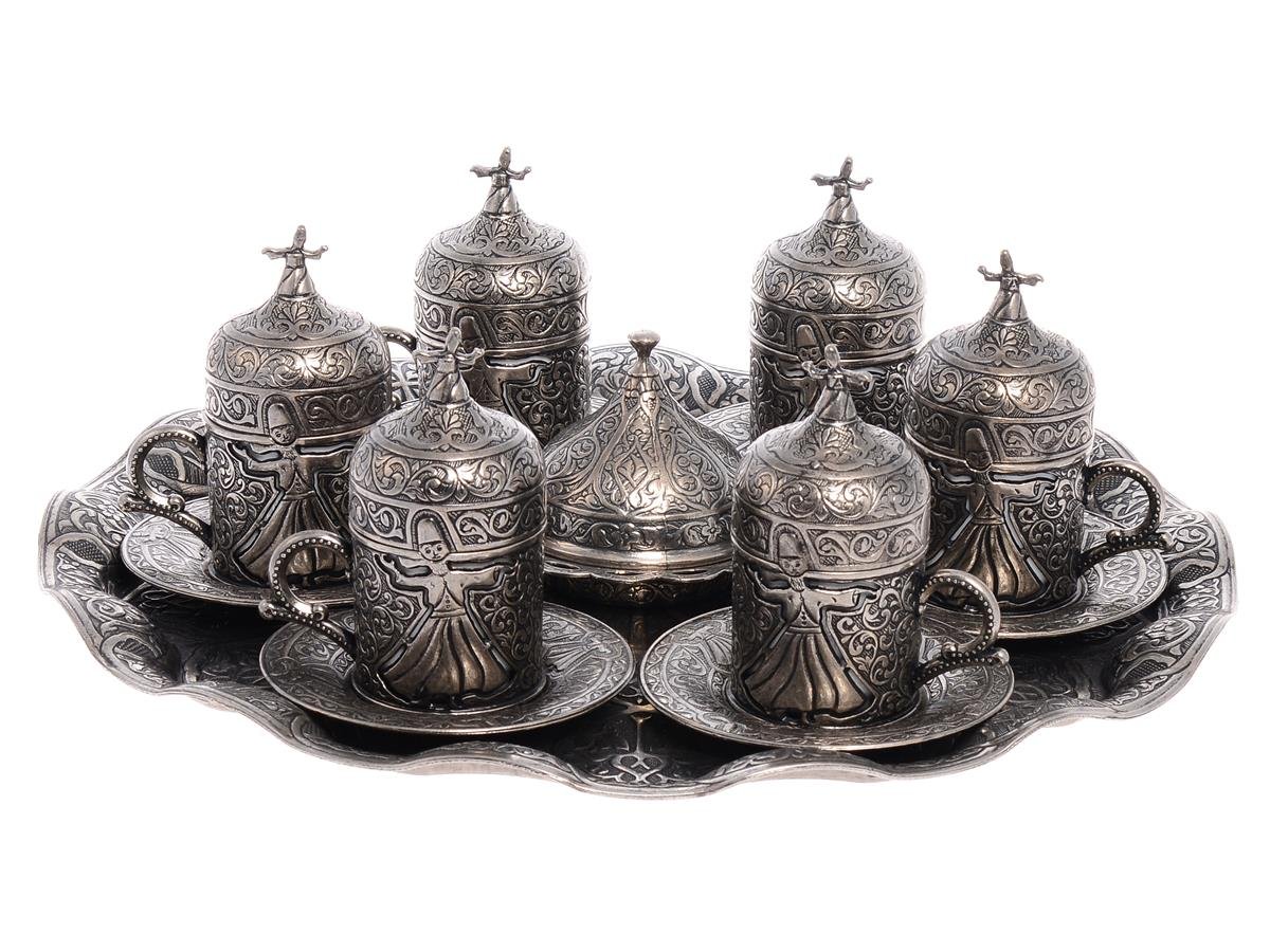 Acar | Turkish Coffee Set of Six With Metal Tray And Candy Bowl - Whirling Dervish Design - Tinned