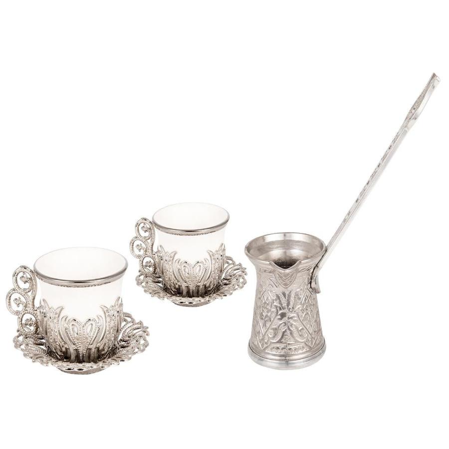 Acar | Turkish Coffee Set of Two + Coffee Pot - Gilded - White