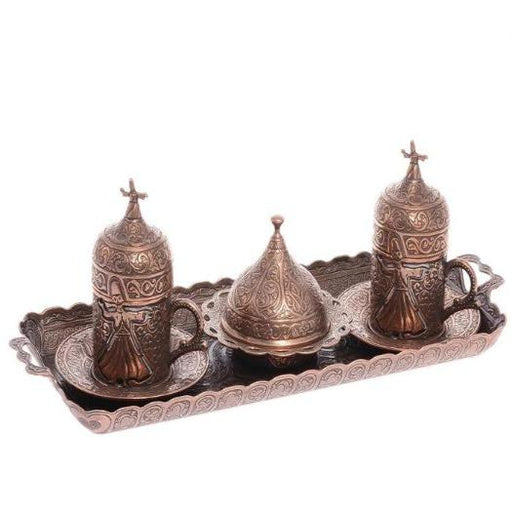 Acar | Turkish Coffee Set of Two With Metal Tray And Candy Bowl - Whirling Dervish Design - Antique Copper