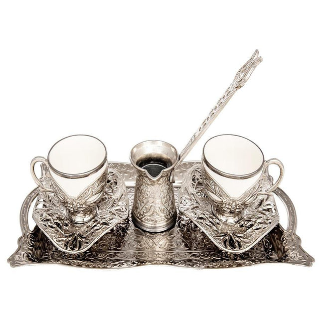 Acar | Turkish Coffee Set of Two With Tray + Coffee Pot - Gilded - White