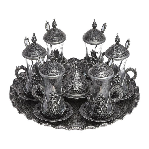 Acar | Turkish Tea Set of Six With Metal Tray, Spoons And Candy Bowl - Tinned