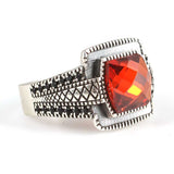 925 Sterling Silver Men's Ring - Four-Cornered Faceted Red Stone