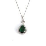 Sterling Silver Teardrop Synthetic Emerald Halo Pendant Necklace