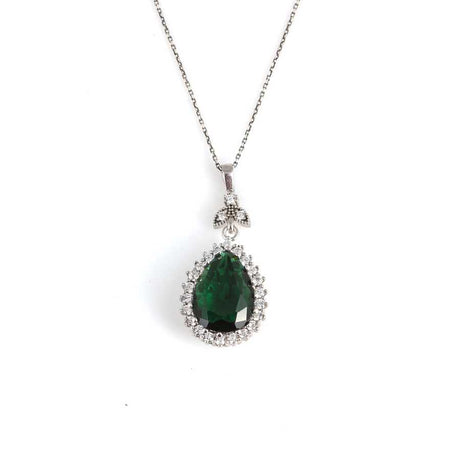 Sterling Silver Teardrop Synthetic Emerald Halo Pendant Necklace
