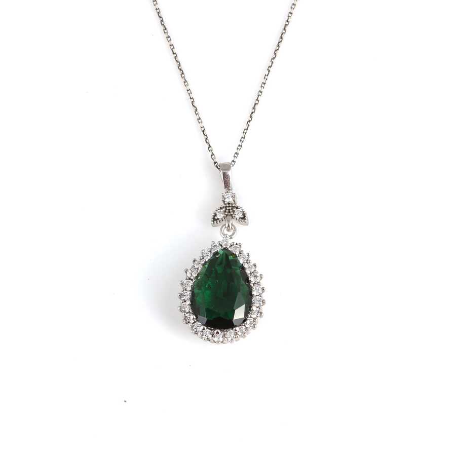 Sterling Silver Teardrop Synthetic Emerald Halo Pendant Necklace