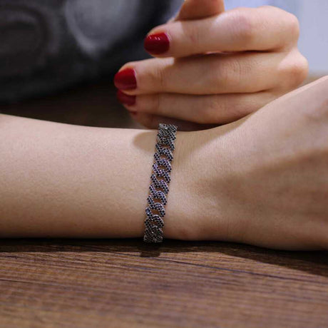 Premium Sterling Silver Black Stone Cuban Link Chain Bracelet