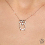Sterling Silver Owl Pendant Necklace - White Zircon & Wisdom Symbol