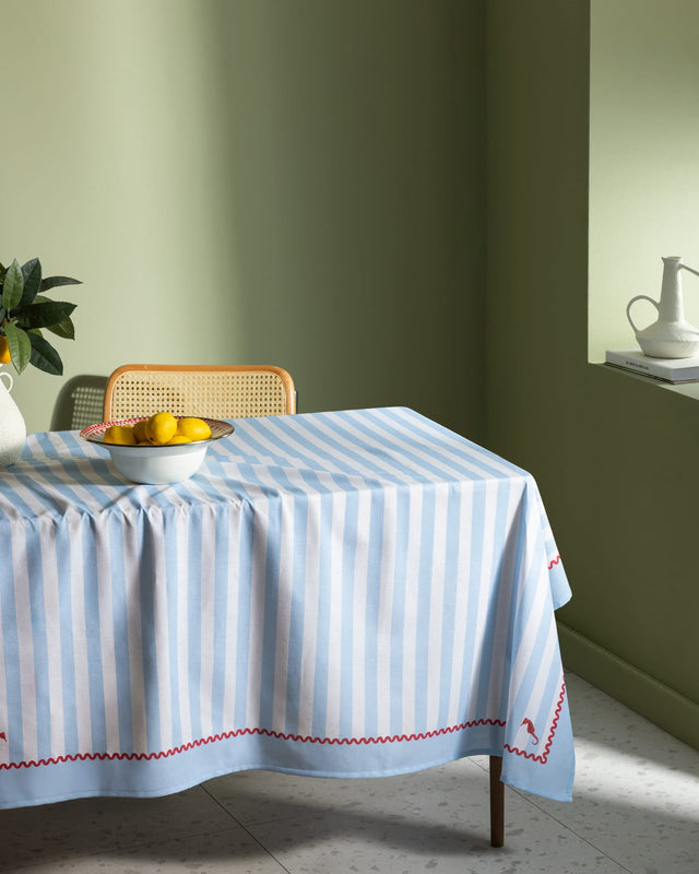 Louve Polycotton Blend Tablecloth - Blue & White Design