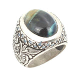 925 Sterling Silver Obsidian Men's Ring - Hand-Engraved Design