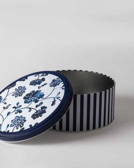 Decorative Metal Storage Box - Liana Blue & White Round Design