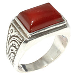 925 Sterling Silver Men's Ring - Rectangular Agate & Floral Pattern