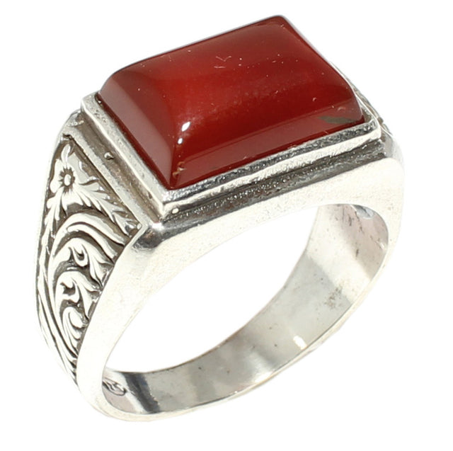 925 Sterling Silver Men's Ring - Rectangular Agate & Floral Pattern
