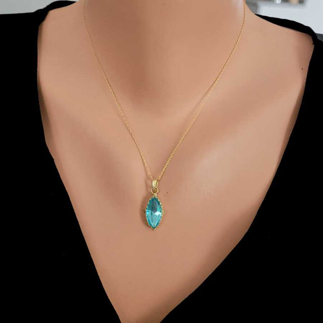 Yellow Gold Plated Sterling Silver Aquamarine Color Zircon Navette Necklace