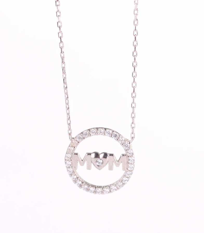 Sparkling Sterling Silver White Zircon 'Mom' Pendant Necklace